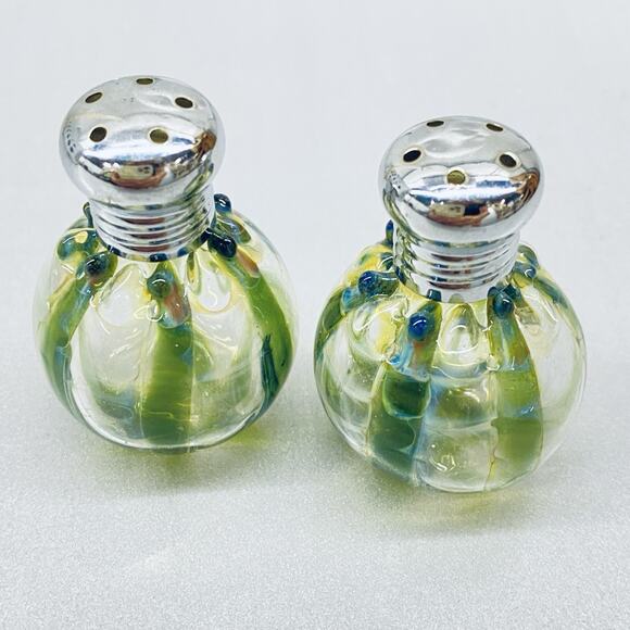 2 Handblown Miniature Small Glass Salt and Pepper Shakers Iridescent Striped - Picture 1 of 4